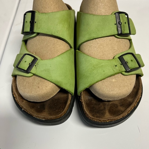 Birkenstock Betula platform Arizona 2 strap slide neon green leather black buckl - Picture 3 of 12